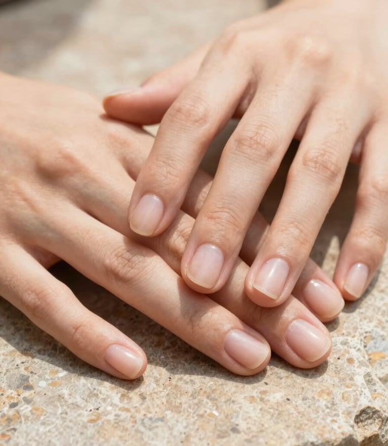 Macro detail shot of clean, natural nails on hands resting on warm stone, soft diffused natural daylight, minimalist composition, 35mm