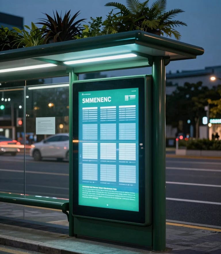 Sleek digital screen integrated into a modern green bus shelter with living plants on top, twilight lighting, glowing LED, cinematic 35mm