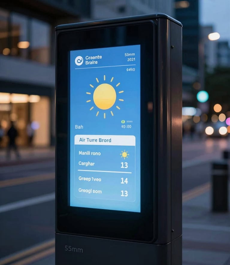 Close-up of a smart street furniture installation with a clean digital interface showing local weather and air quality index, twilight lighting, modern city background, 35mm