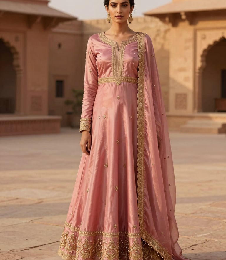 Warm editorial photography of a model in a sandstone courtyard at golden hour, wearing a rose pink silk Anarkali with gold embroidery, elegant drape.