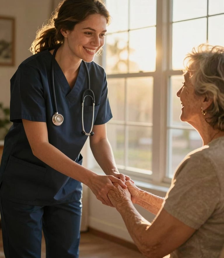 Warm editorial photography of a professional caregiver in a sunlit Arizona home, smiling warmly while holding the hand of a senior woman sitting by a window, soft golden-hour sunlight, shallow depth of field.