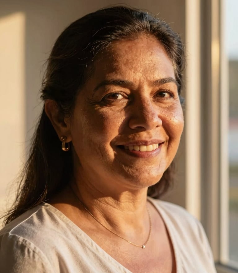 Close-up portrait of a Venezuelan mother smiling softly, warm golden-hour window light, shallow depth of field, 35mm editorial photography