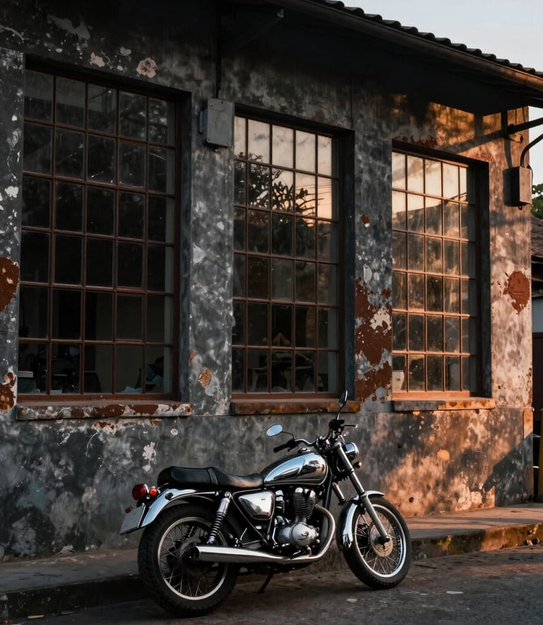 Vista arquitectónica en perspectiva de la antigua harinera rehabilitada, luz solar de tarde filtrándose por ventanales industriales, una motocicleta clásica de cromo pulido estacionada sobre el suelo de hormigón original.