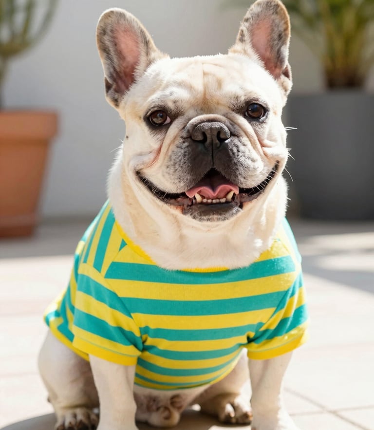 A happy French Bulldog wearing a vibrant teal and yellow striped shirt, sitting proudly on a sunny patio, eye-level shot, warm daylight.