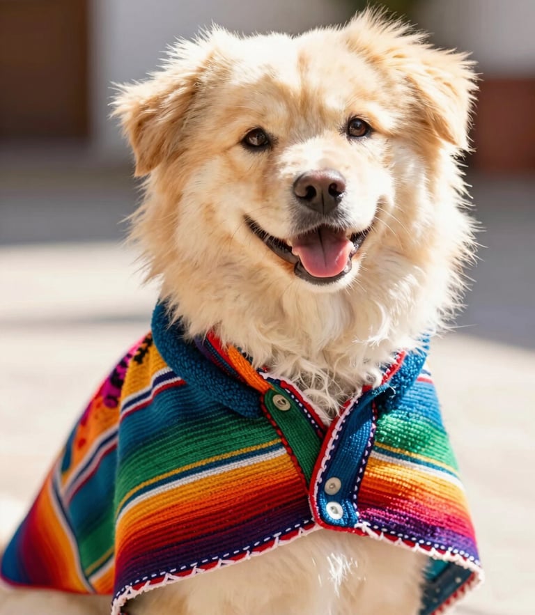 Bright high-key pet photography of a happy fluffy dog wearing a colorful hand-stitched Mexican poncho, looking directly at the camera, warm natural daylight, vibrant saturated colors, shallow depth of field, 35mm