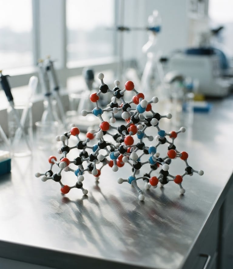 A close-up of a molecular model on a clean steel laboratory desk, soft natural daylight casting sharp clinical shadows, 35mm photography
