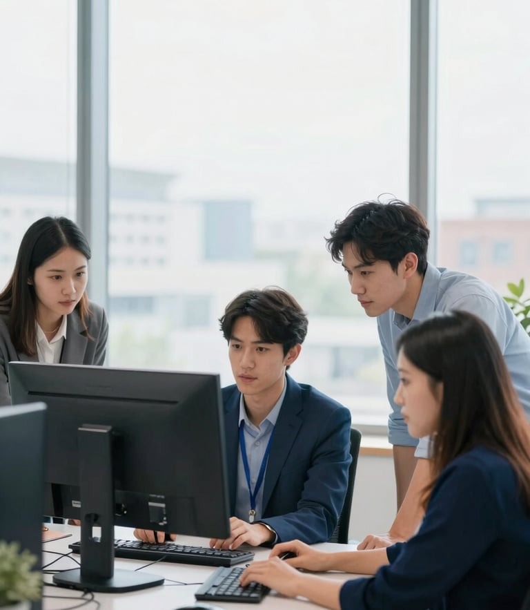 Bright modern office photography, soft overcast daylight, team members collaborating around a large monitor, sharp focus, 35mm lens