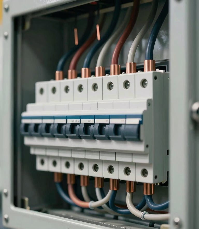Tight macro shot of a neatly wired breaker panel inside a Milano commercial building, clean copper ground wires and perfectly routed conduits under bright daylight.