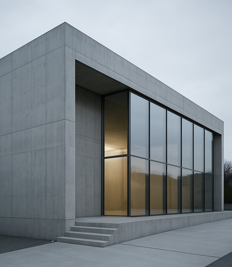 Minimalist modern concrete and glass building in Neuhausen am Rheinfall, soft overcast Swiss daylight, cool slate tones with subtle gold reflections, architectural photography, medium format.
