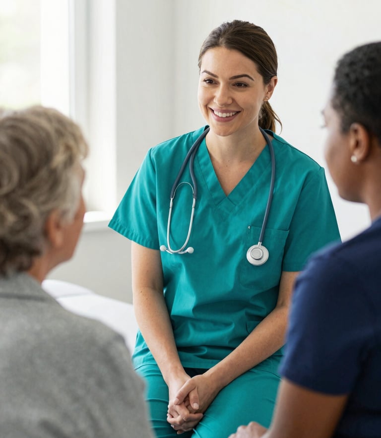 A warm, natural light portrait of a female nurse in teal scrubs smiling gently during a consultation with an elderly patient in a bright Ohio clinic.