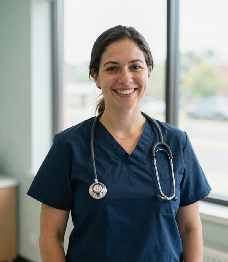 A warm environmental portrait of a smiling female healthcare professional in a bright, modern Ohio community clinic, natural window light, 35mm