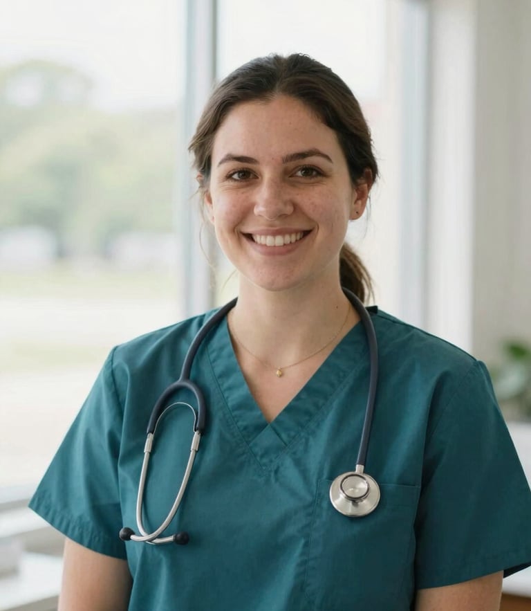 Warm editorial portrait of a healthcare coordinator in a bright Ohio clinic, soft natural window light, teal tones, professional and welcoming, 35mm