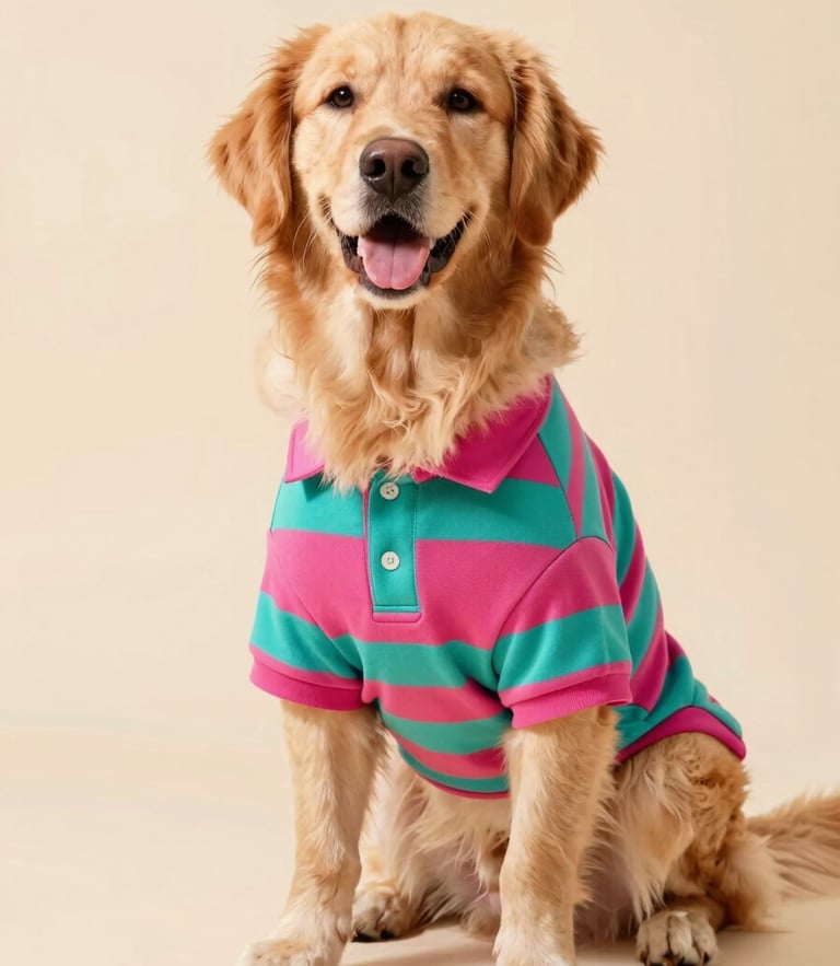 A happy golden retriever wearing a custom vibrant teal and magenta striped polo shirt, sitting proudly on a clean solid pastel studio background, eye-level portrait, soft natural lighting