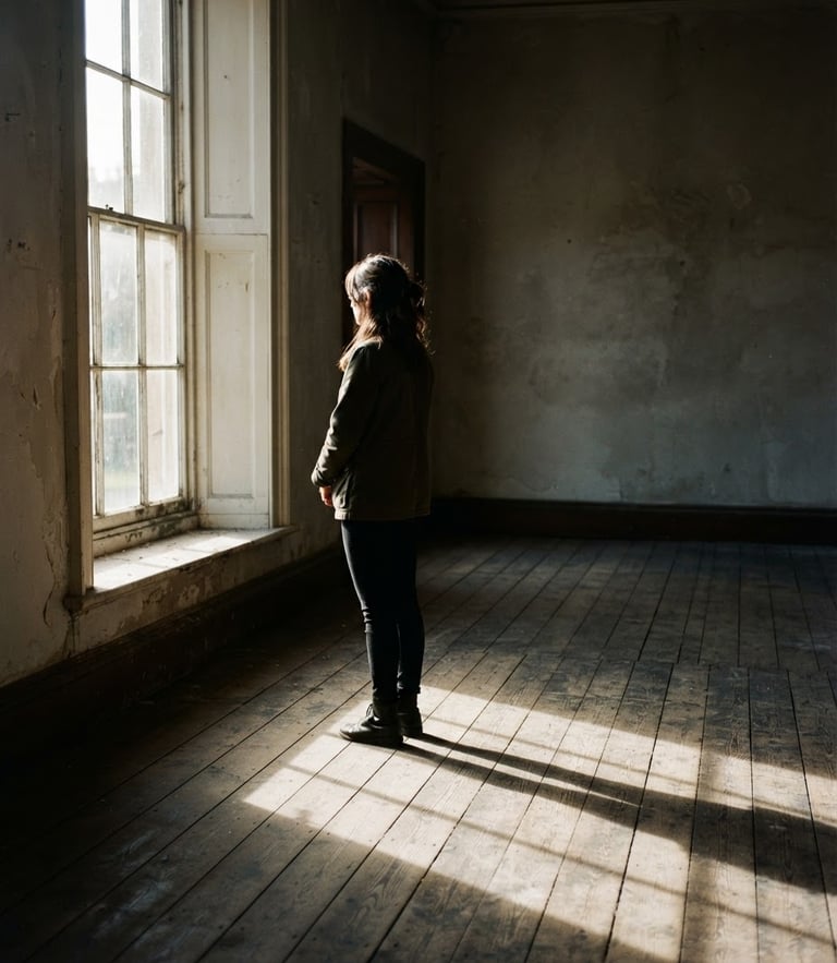A solitary figure standing in an empty room with dramatic window light casting long shadows on weathered floorboards, cinematic 35mm film grain.