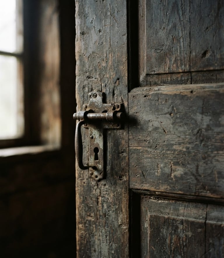 Intimate close-up of a weathered wooden door with dramatic side-shadows, soft natural window light, cinematic film photography, 35mm grain