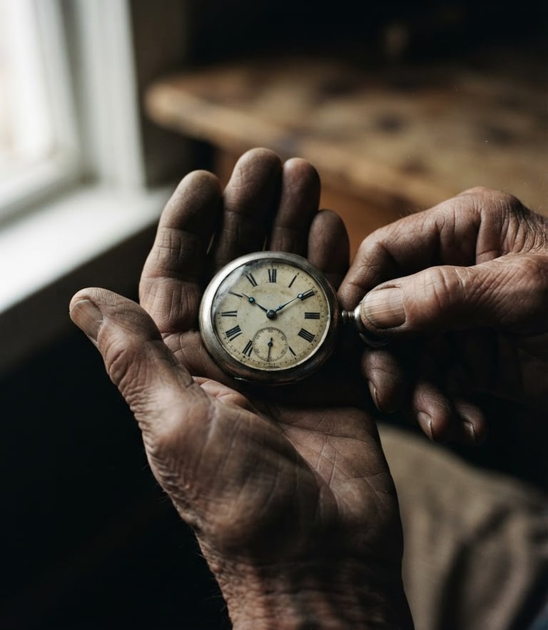 Intimate close-up of weathered hands holding an old silver pocket watch, natural window light casting deep shadows, muted film tones, 35mm grain.