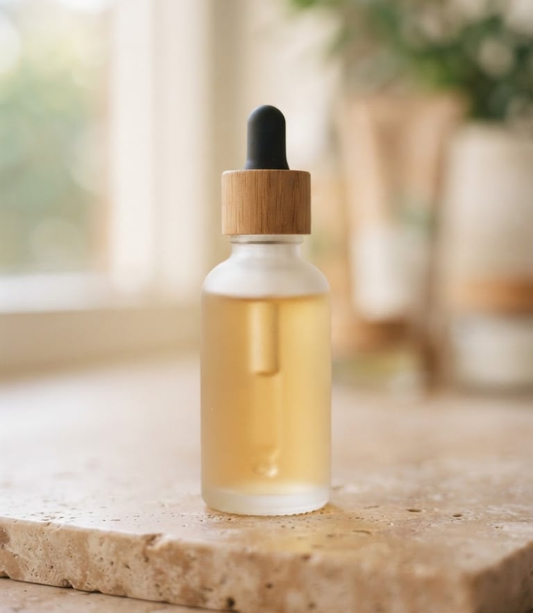 A close-up of a frosted glass serum bottle catching soft morning light on a warm stone surface, soft focus, editorial skincare photography, 85mm.