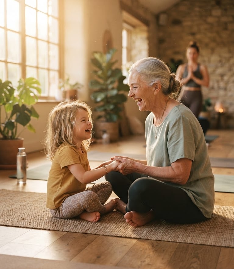 Warm editorial photography of an older grandmother and her young grandchild sitting cross-legged on yoga mats in a sunlit studio, laughing together, soft natural golden-hour window light, shallow depth of field, 35mm lens.