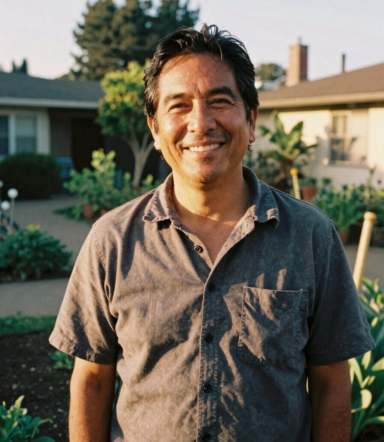 A warm environmental portrait of a local California community leader in a sunlit neighborhood garden, smiling candidly, natural golden-hour sunlight, rich organic earth tones, 35mm film style.