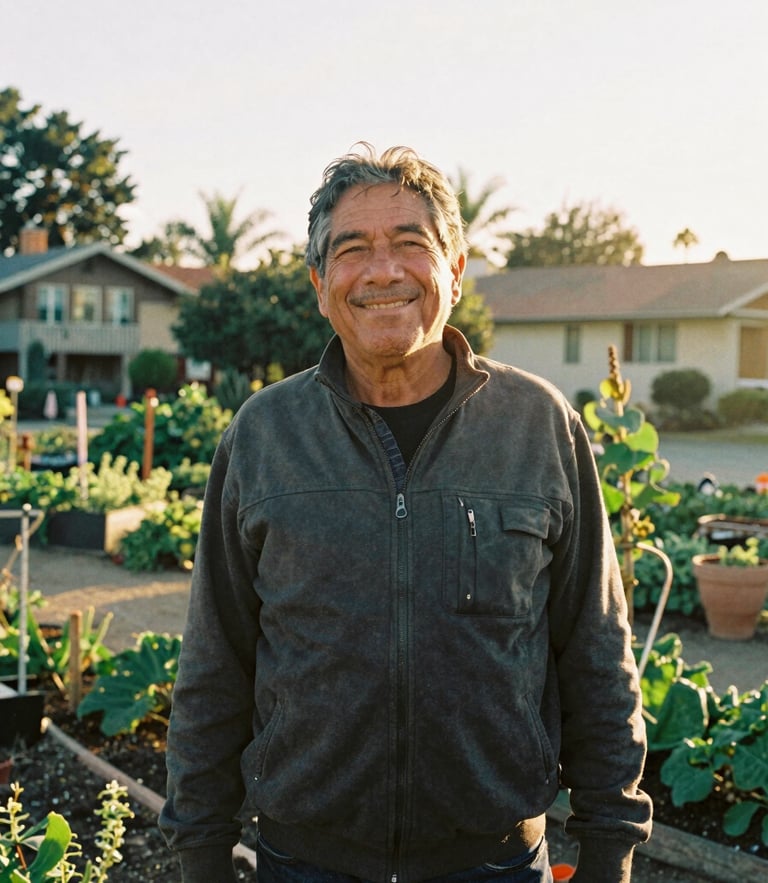 Warm documentary photo of a local community leader smiling in a sunlit California neighborhood garden, golden-hour sunlight, candid 35mm film style