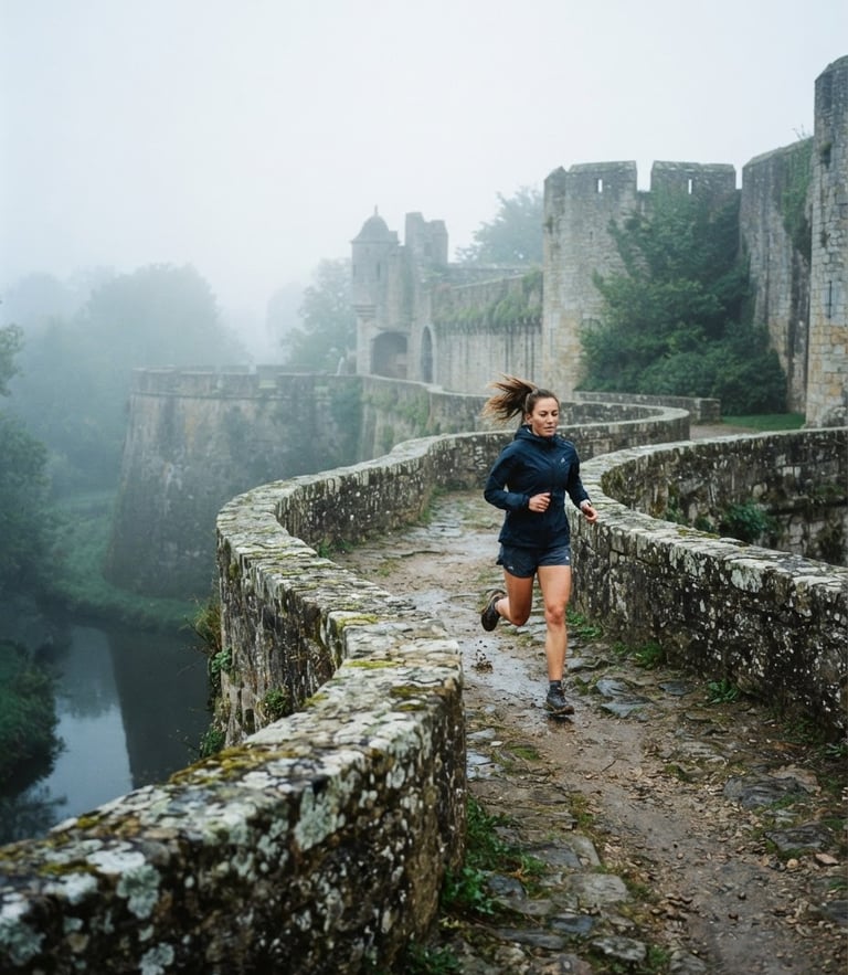 Dynamic medium-wide shot of a runner training on the historic stone ramparts of Le Quesnoy during early morning mist, overcast northern daylight, cool desaturated tones, 35mm film style.