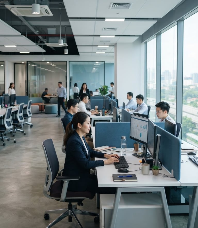Bright modern corporate office in Selangor, clean professional desks, cool blue and silver tones, 35mm lens photography