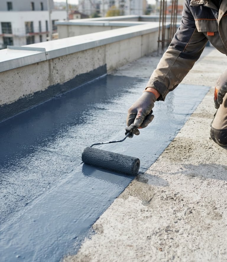 Close-up of professional liquid waterproofing membrane being applied to a concrete roof slab, bright natural daylight, crisp architectural framing, rich blue-grey tones