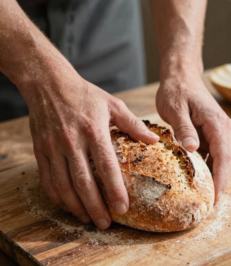 Vue rapprochée de mains farineuses pétrissant une pâte à pain rustique sur un plan de travail en bois brut, éclairée par une lumière naturelle rasante et chaleureuse.