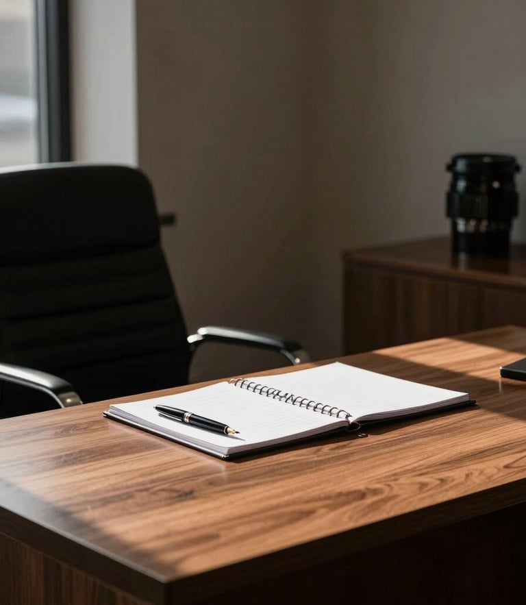 A quiet, high-contrast interior of a modern legal office in Wilmington, natural side-lighting casting deep shadows over a heavy oak desk with a fountain pen and stationery.