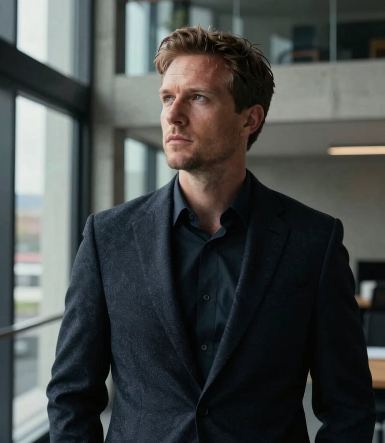 A professional, unposed portrait of John Christian Barlow in a natural, high-contrast office setting. He is looking thoughtful, positioned slightly off-center, with modern concrete and glass architecture in the background. Directional side-lighting with soft, deep shadows.