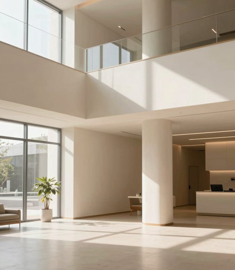 Bright modern architectural interior, soft natural daylight, warm neutral tones, clean lines, professional interior design, 35mm