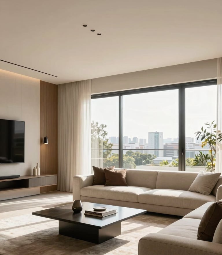 Bright architectural photography of a high-end modern living room in São Paulo, soft natural daylight streaming through large windows, warm neutral tones, clean lines, 35mm