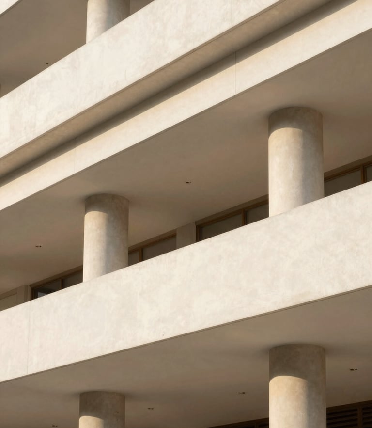 Bright architectural photography of a modern building facade in São Paulo, soft natural daylight, warm neutral tones, clean lines, 35mm