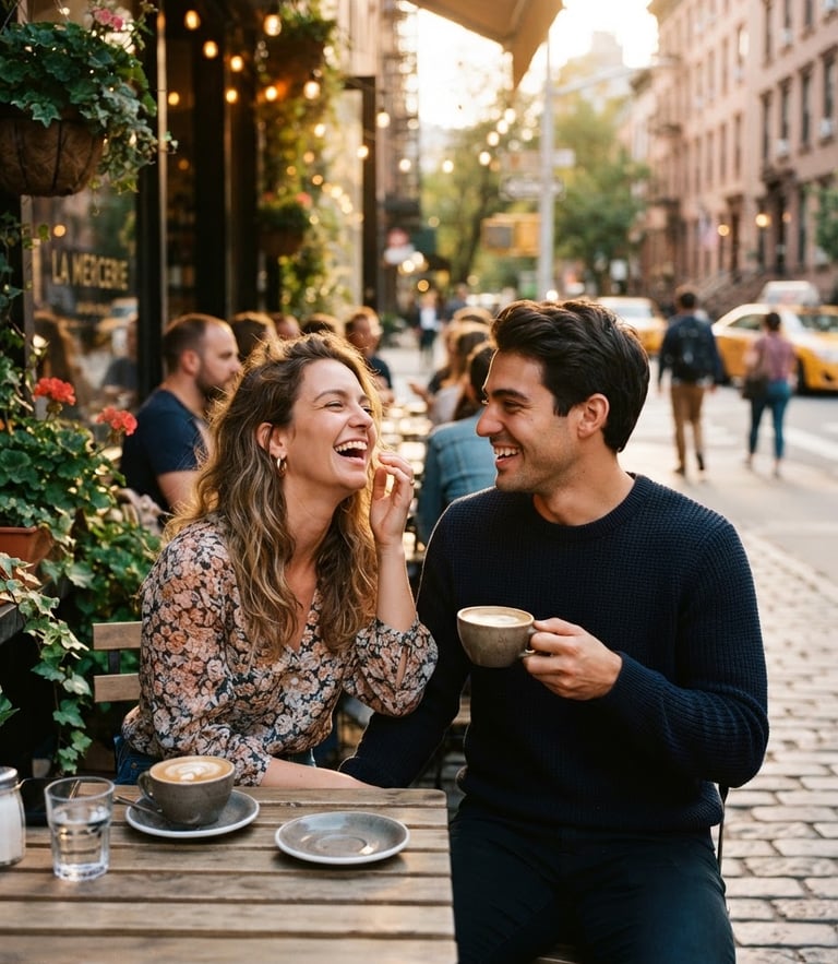 A candid environmental portrait of a couple laughing together at a warm golden hour cafe in New York, rich saturated tones, 35mm photography with a shallow depth of field
