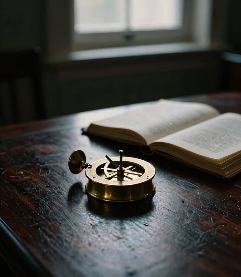 Dramatic chiaroscuro photography of a brass astrolabe and open leather-bound manuscript on a dark oak table, single window light, deep shadows, 35mm film.