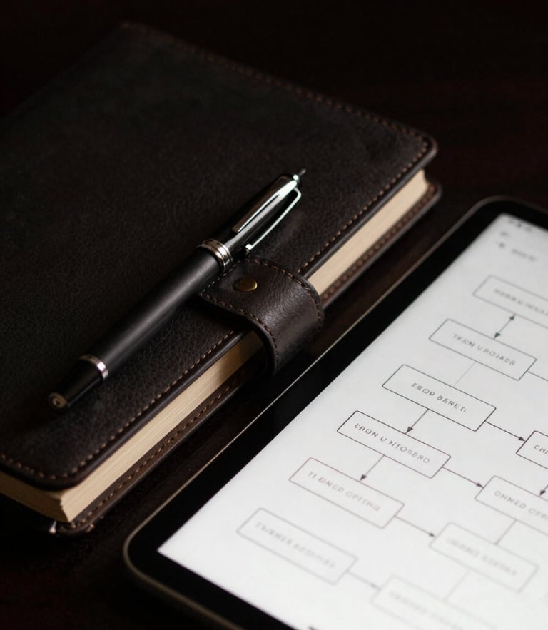 Close-up of a fountain pen resting on a leather-bound notebook beside a tablet displaying structured process flowcharts, dramatic side-lighting, dark charcoal tones.