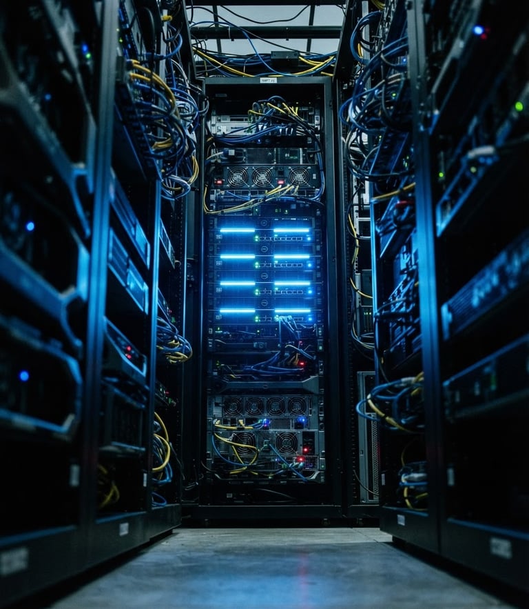 Cool-toned editorial photography of physical server racks with sharp directional blue LED accents, tight dynamic angle, 35mm.