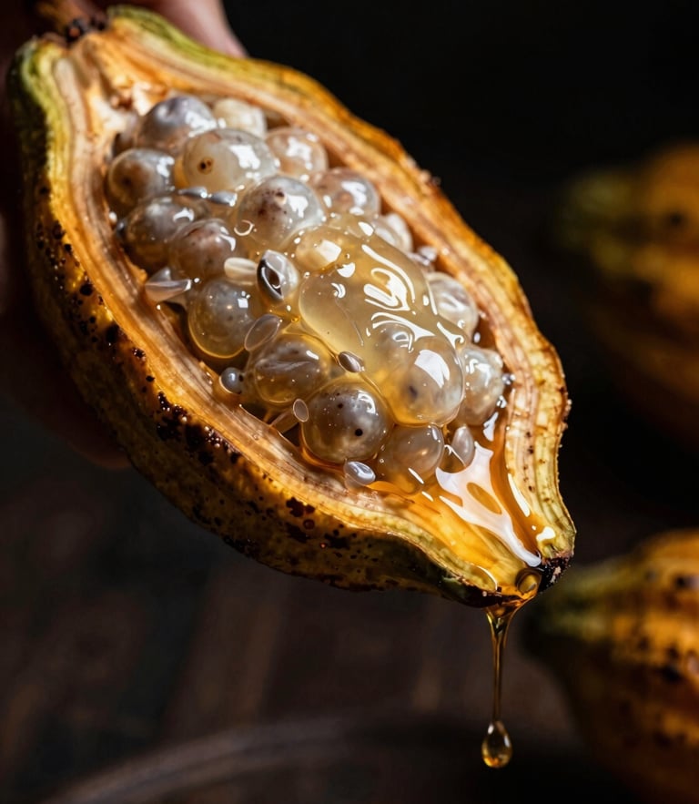 Extreme macro shot of translucent golden cacao mucilage dripping slowly from a freshly cut pod, dark moody background, single source light