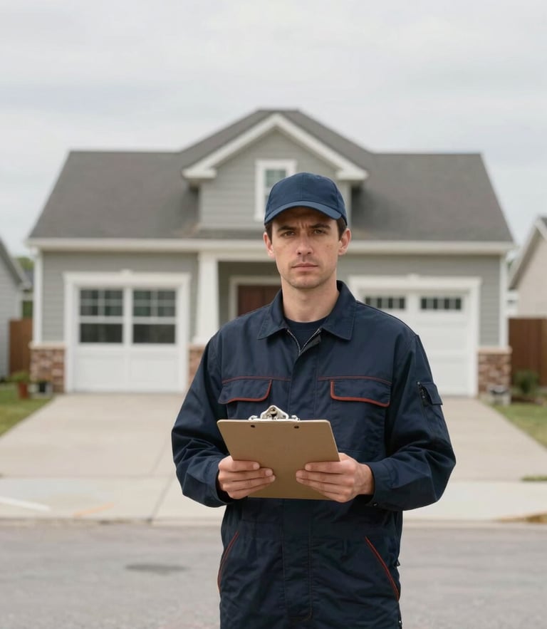 Straight-on eye-level medium shot of a contractor in clean workwear holding a clipboard in front of a vacant suburban home, natural overcast daylight, desaturated navy tones.