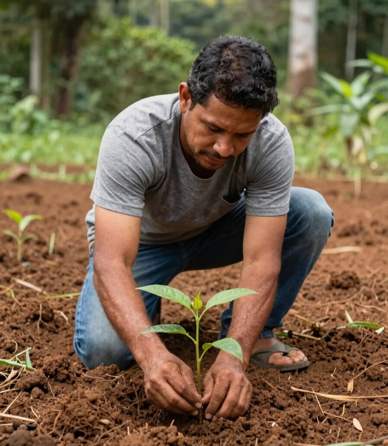 Medium shot of a Brazilian family farmer planting a native seedling in rich dark soil, daylight, natural forest green and clay tones, 35mm lens