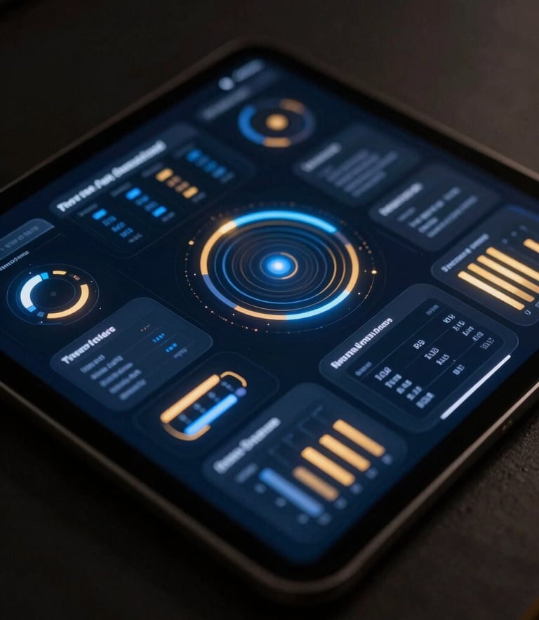 Sleek dark-mode tech photography of a modern tablet displaying glowing business intelligence dashboards, moody low-key lighting with sharp blue and gold neon accent glows, macro focus