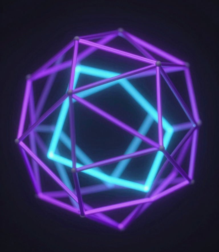 Macro close-up of an abstract 3D geometric wireframe structure, glowing network topologies in electric purple and cyan emissive light, deep obsidian background, sharp angles, octane render.