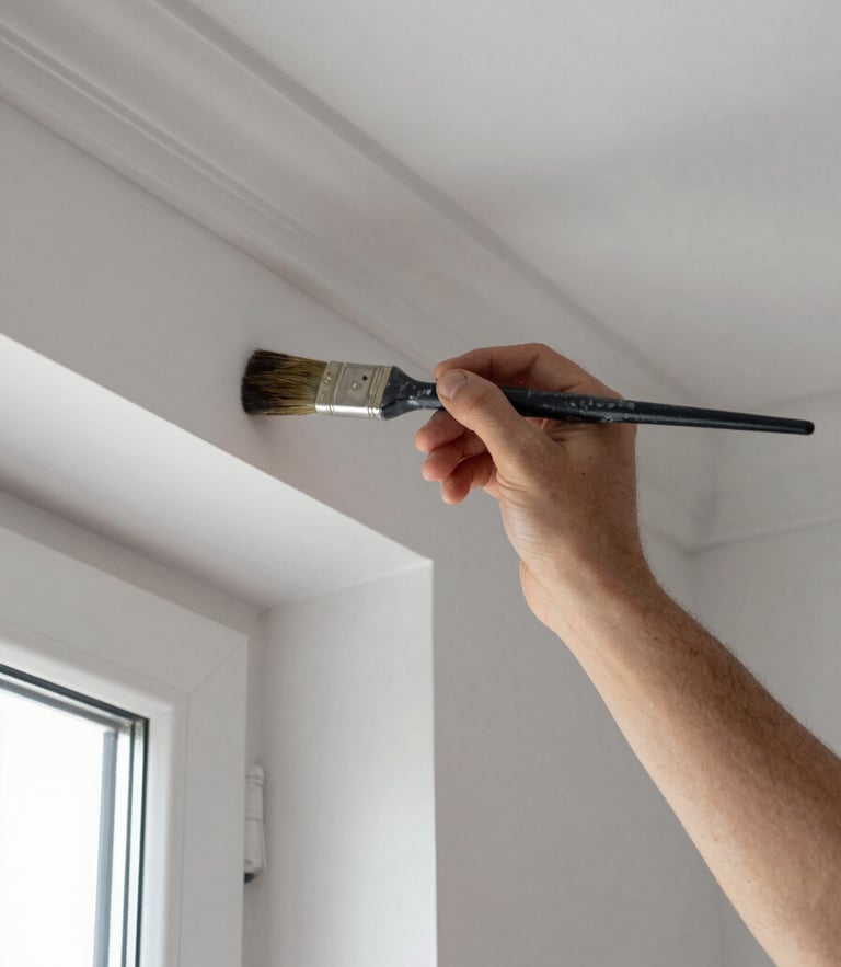 Close-up of a master painter's hand holding a brush with perfect technique against crisp white crown molding, natural window light, sharp focus, 35mm
