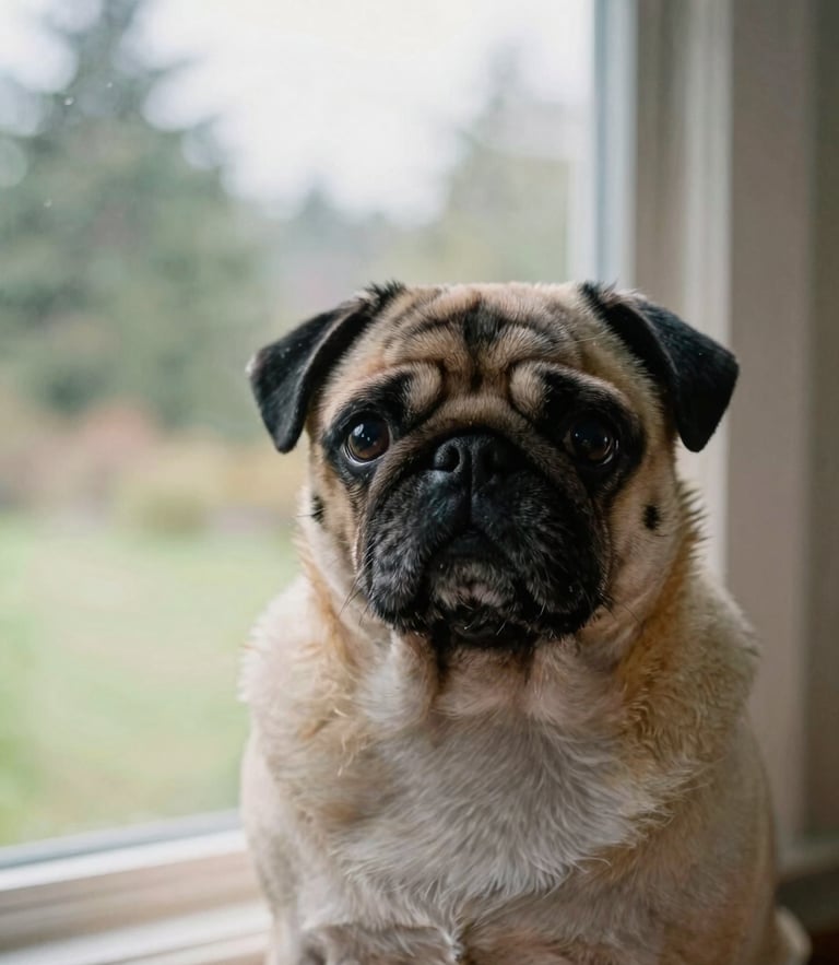 A close-up eye-level portrait of a fawn pug sitting by a window in a Seattle home, soft overcast daylight, natural depth of field, 35mm documentary photography.