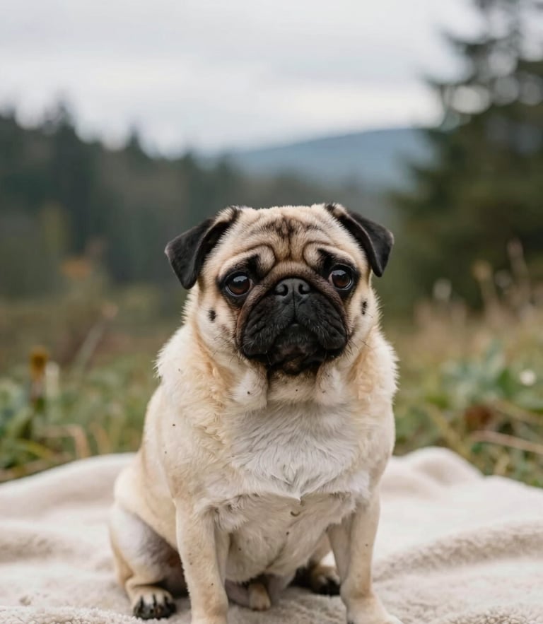 Eye-level portrait of a fawn pug sitting on an oatmeal-colored blanket, soft overcast Seattle daylight, natural depth of field, 35mm