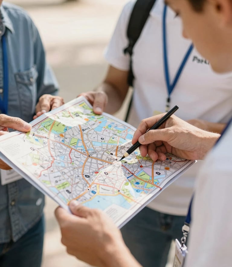 Close-up of hands of a senior and a young volunteer holding a map of Paris 13 together, bright warm daylight, natural soft focus.