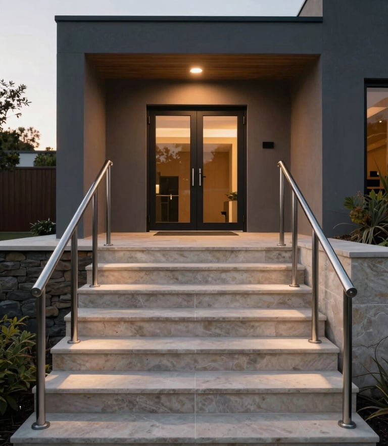 Straight-on architectural photo of a completed modern entrance transformation, crisp aluminum handrails, clean limestone steps, dusk backlighting.