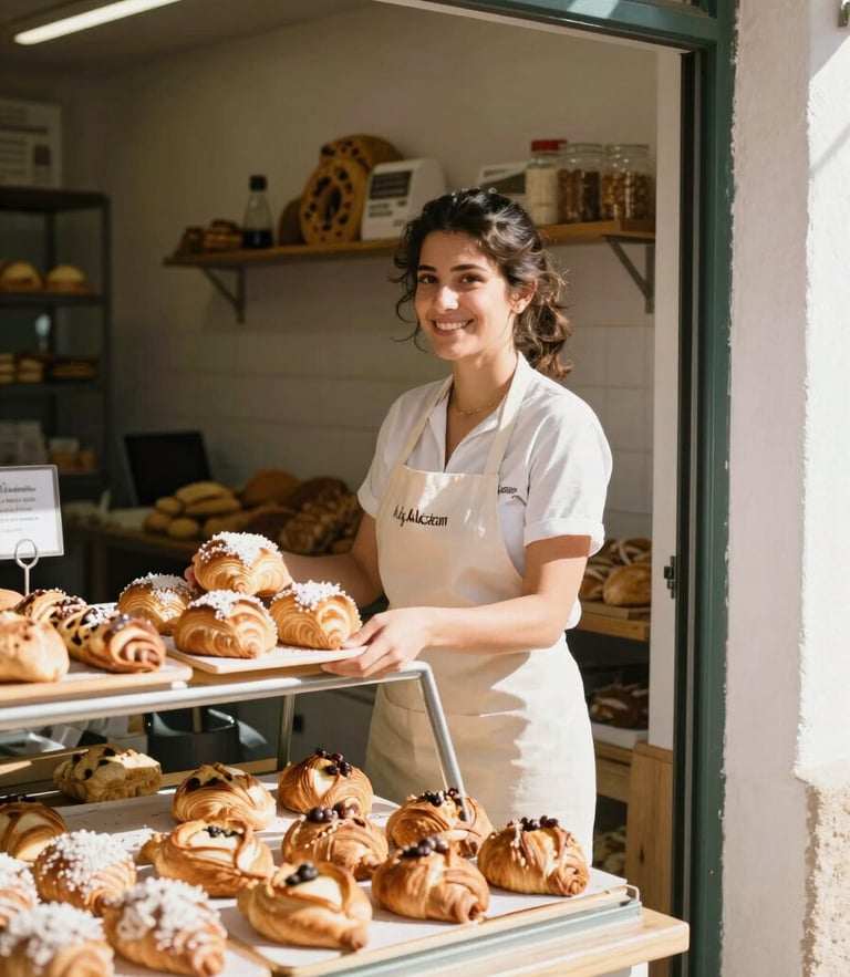A warm, sunlit interior of a local Spanish bakery in Los Alcázares, a smiling female merchant presenting fresh pastries, warm Mediterranean morning light pouring through the window, 35mm photography.