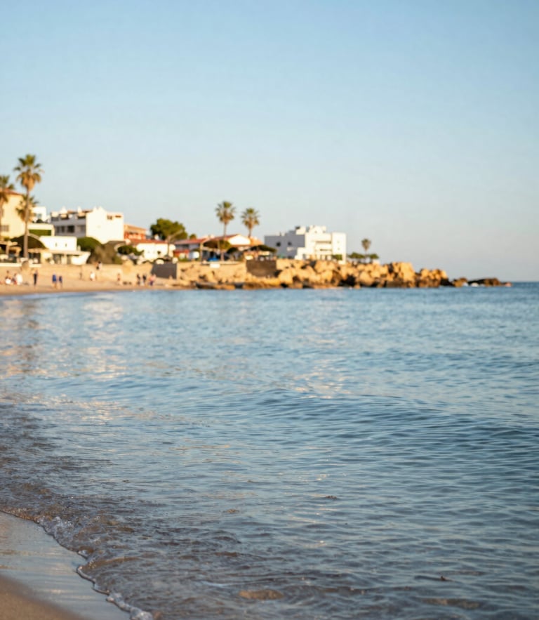 Vibrant editorial photography of a sunny morning at Los Alcázares beach, calm blue water of Mar Menor, warm Mediterranean sunlight, shallow depth of field, 35mm