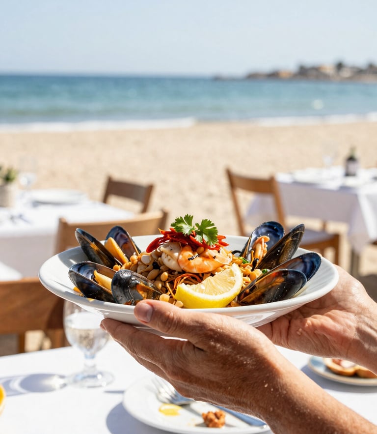 A sun-drenched close-up of hands holding a fresh seafood dish at a beachside restaurant in Mar Menor, bright warm Mediterranean sunlight, 35mm photography